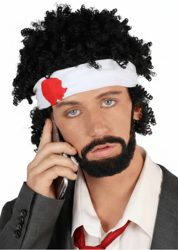 Mens Black Ringlet Tragedy Costume Wig With Headband - Main Image