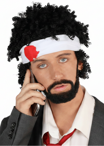 Mens Black Ringlet Tragedy Costume Wig With Headband - Main Image
