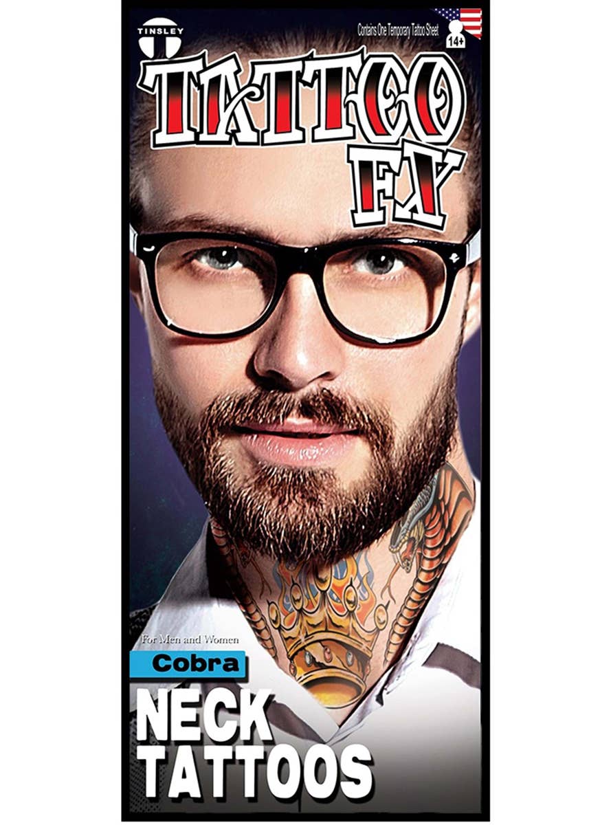 Colourful Cobras and Crown Large Neck Temporary Costume Tattoo - Main Image