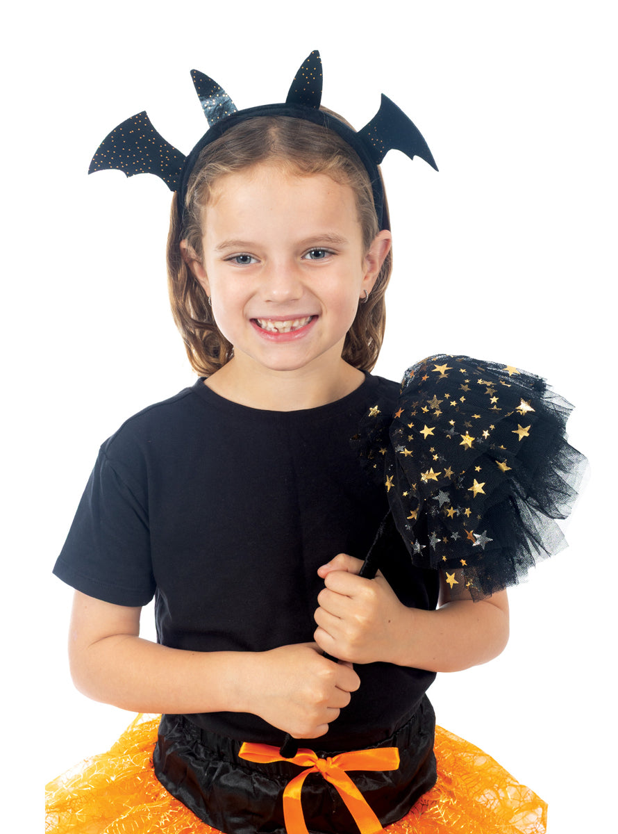 Tulle Black and Gold Star Witch Broom Costume Accessory - Alternate Image