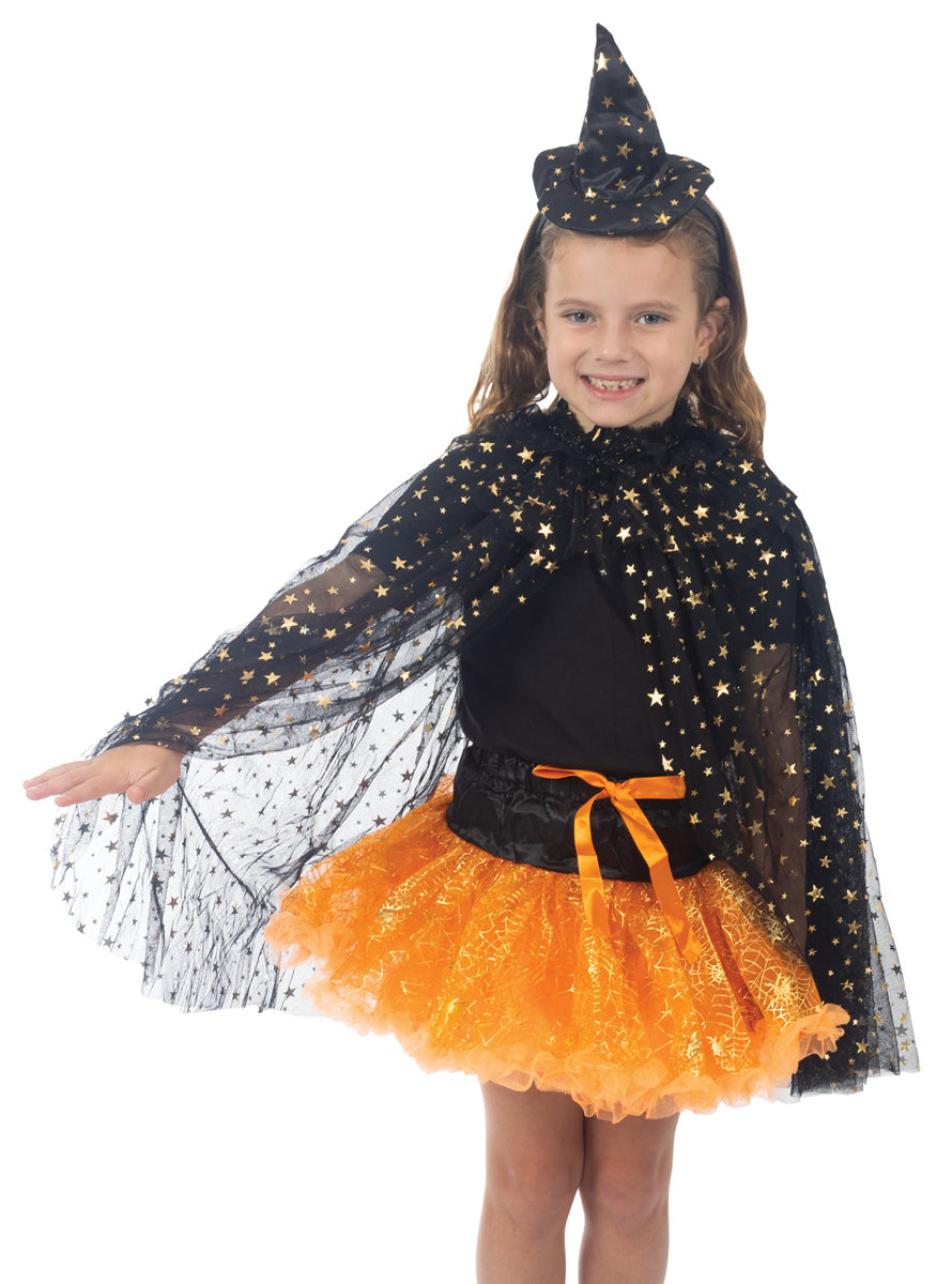 Tulle Black and Gold Star Witch Costume Cape Accessory - Alternate Image 2