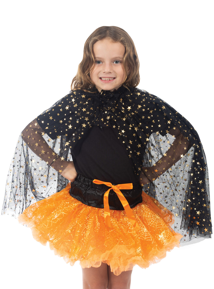 Tulle Black and Gold Star Star Witch Costume Cape Accessory - Alternate Image