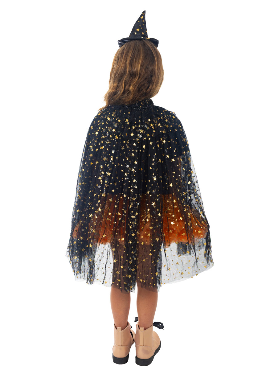 Tulle Black and Gold Star Witch Costume Cape Accessory - Main Image