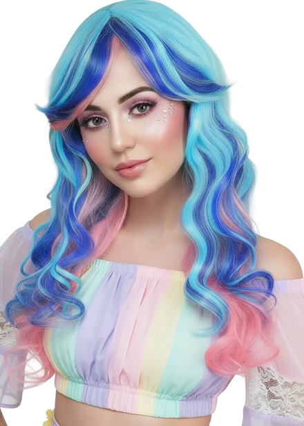 Light Blue, Royal Blue and Pink Layered Curly Wig for Women - Main Image