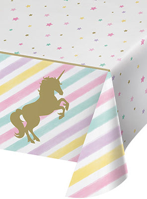 Unicorn Sparkle 259cm Pastel Rainbow and Gold Plastic Table Cover – Main Image