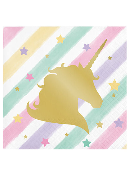 Unicorn Sparkle Pastel Rainbow and Gold 16 Pack Beverage Napkins – Main Image