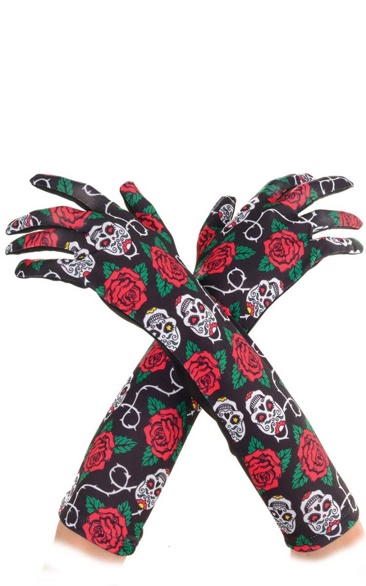 Long Black Sugar Skull Pattern Elbow Length Day of the Dead Costume Gloves
