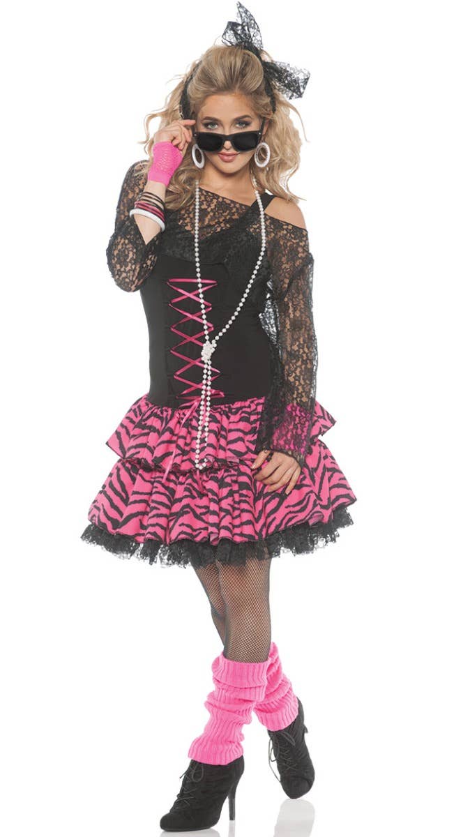 Women's Black and Pink Pop Goddess Madonna Inspired 1980's Costume Front Image