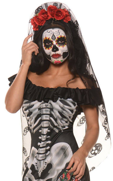 Women's Mexican Day of the Dead Flower Headband with Attached Veil Main Image