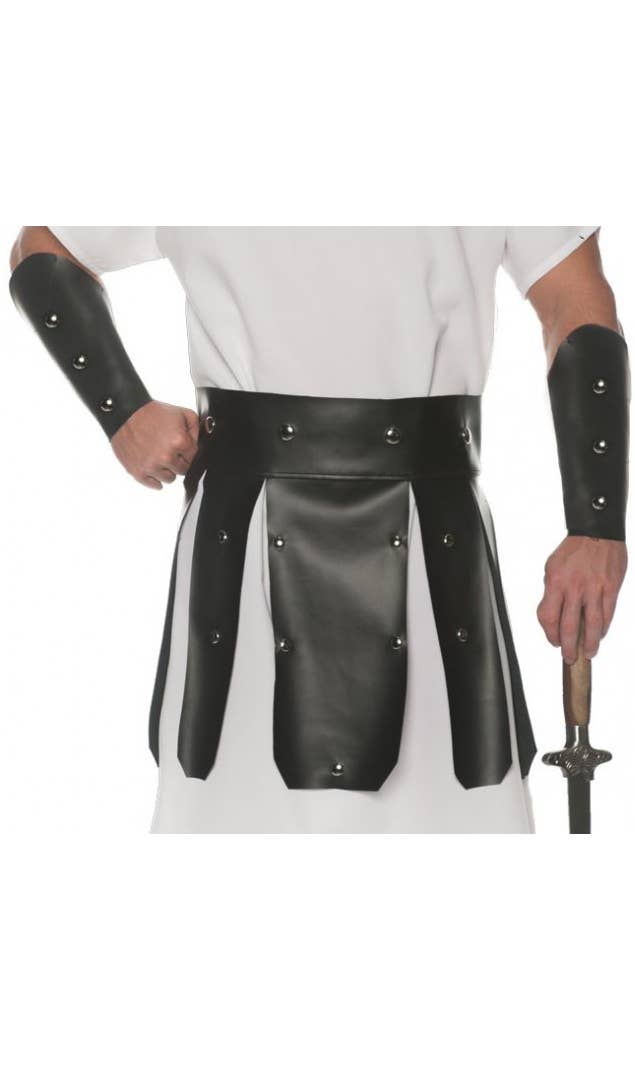 Image of Roman Gladiator Black Faux Leather Skirt and Wrist Guard Set