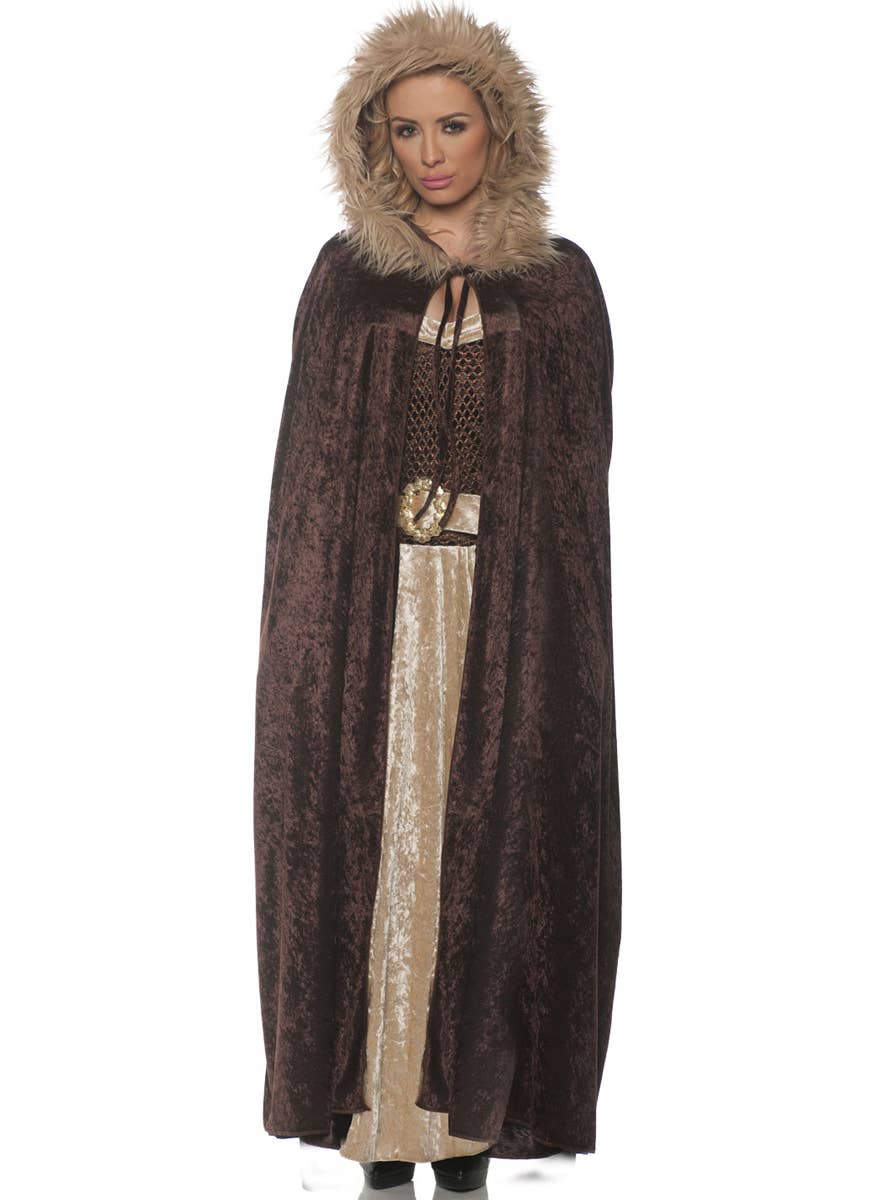 Medieval Brown Velvet Womens Hooded Costume Cape - Main Image