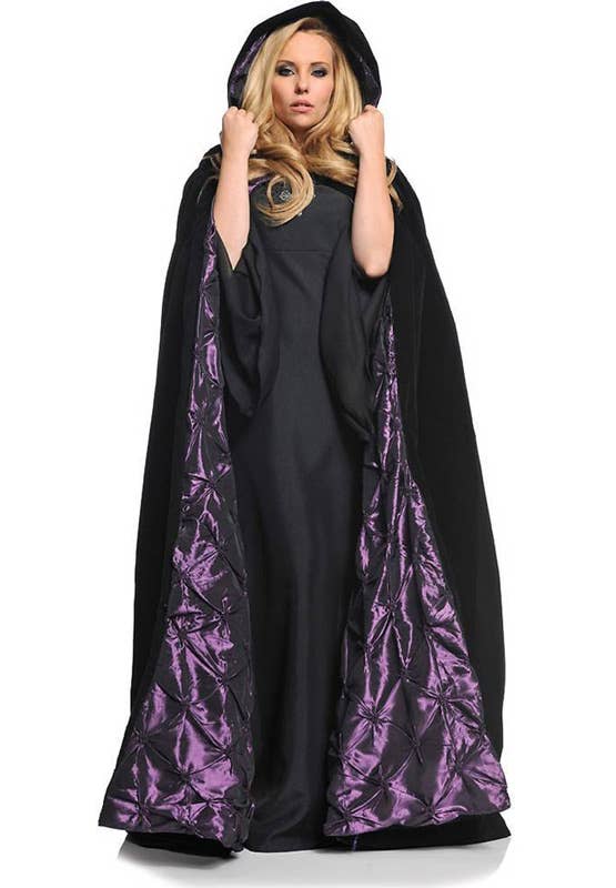 Deluxe Hooded Black Velvet Costume Cape with Purple Taffeta Lining - Main View