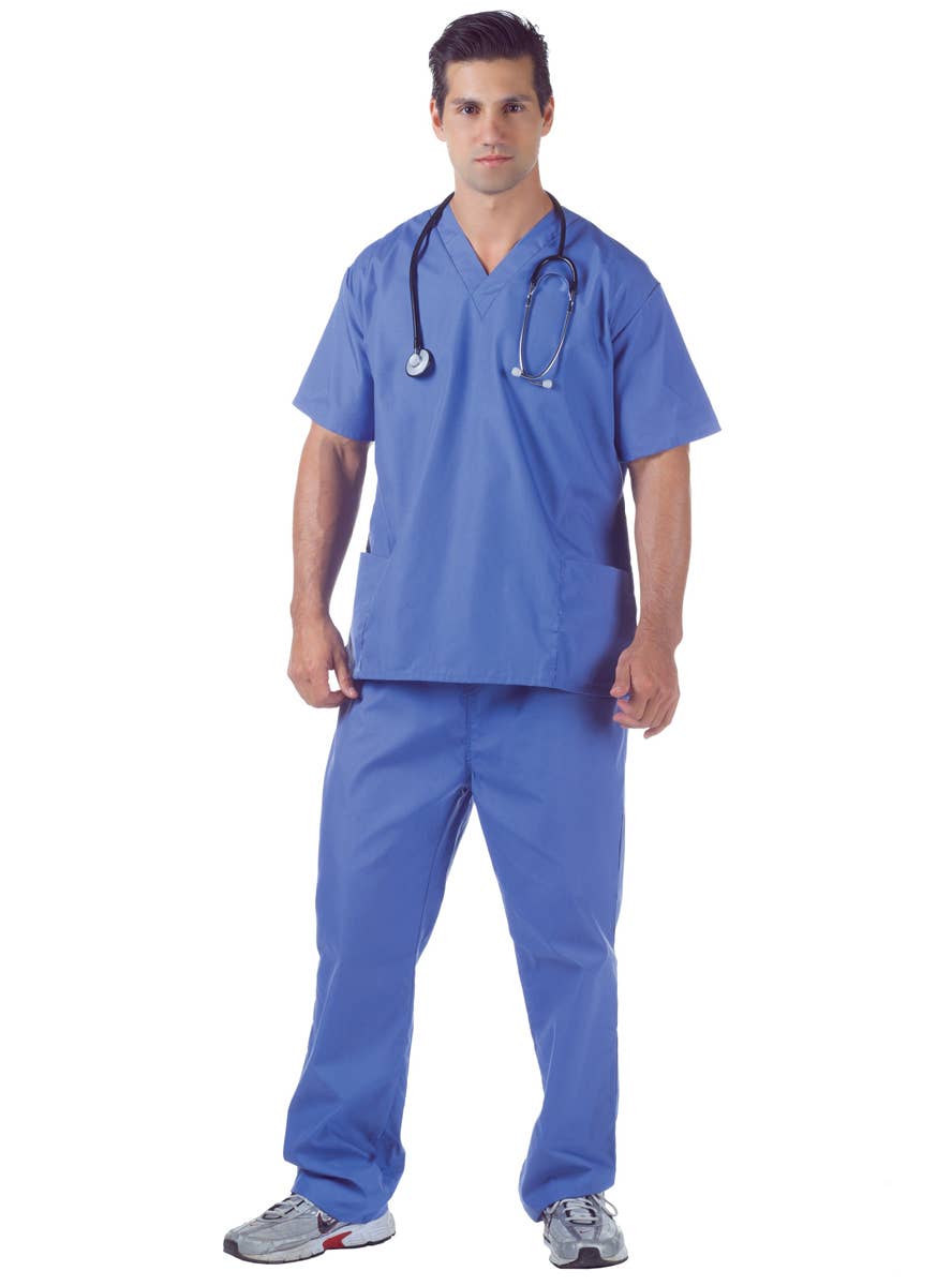 Deluxe Men's Blue Doctor's Scrubs Fancy Dress Costume Front