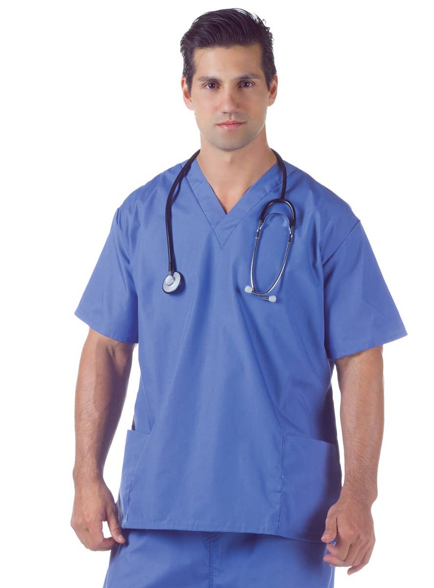 Deluxe Men's Blue Doctor's Scrubs Fancy Dress Costume Close