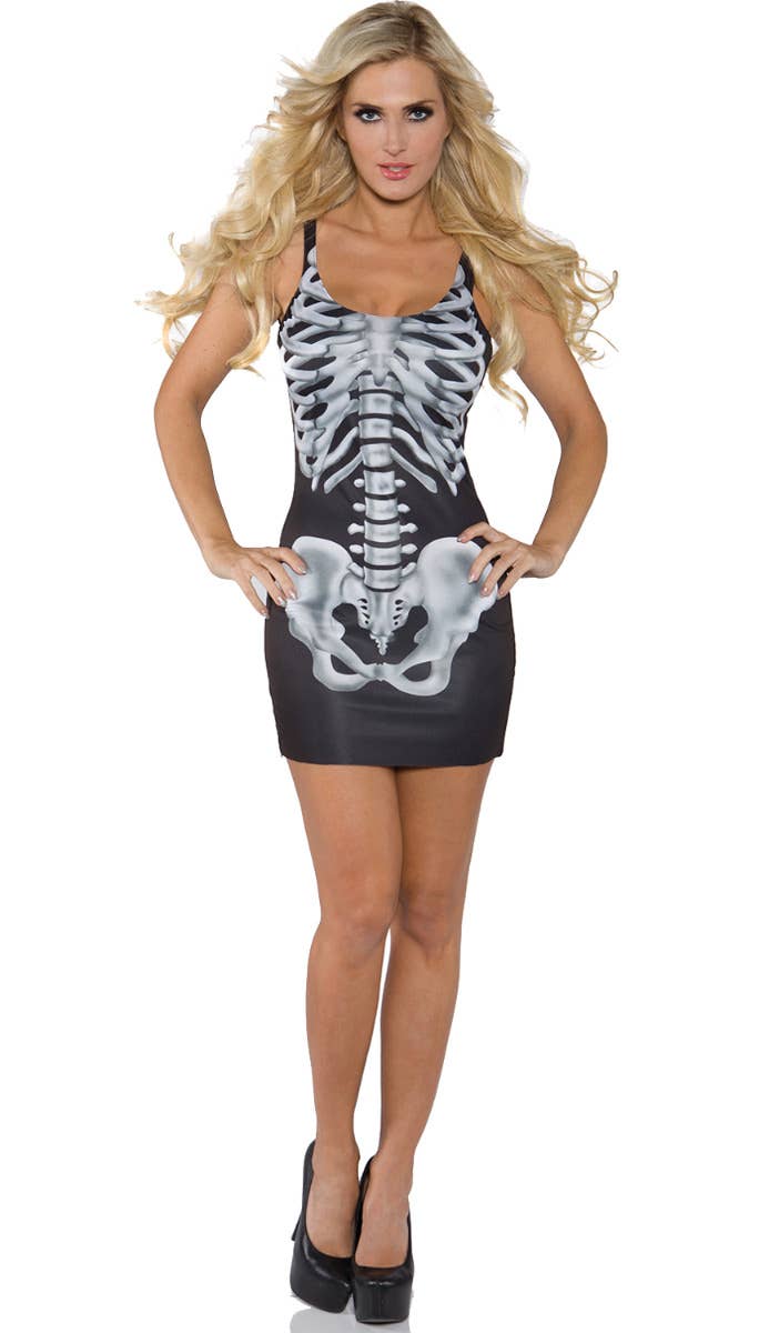 Black and White Sexy Women's Skeleton Bodycon Dress Halloween Costume