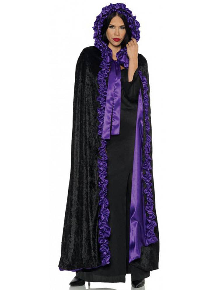 Womens Deluxe Black Velvet Cape with Hood and Purple Ruffle Satin Trim