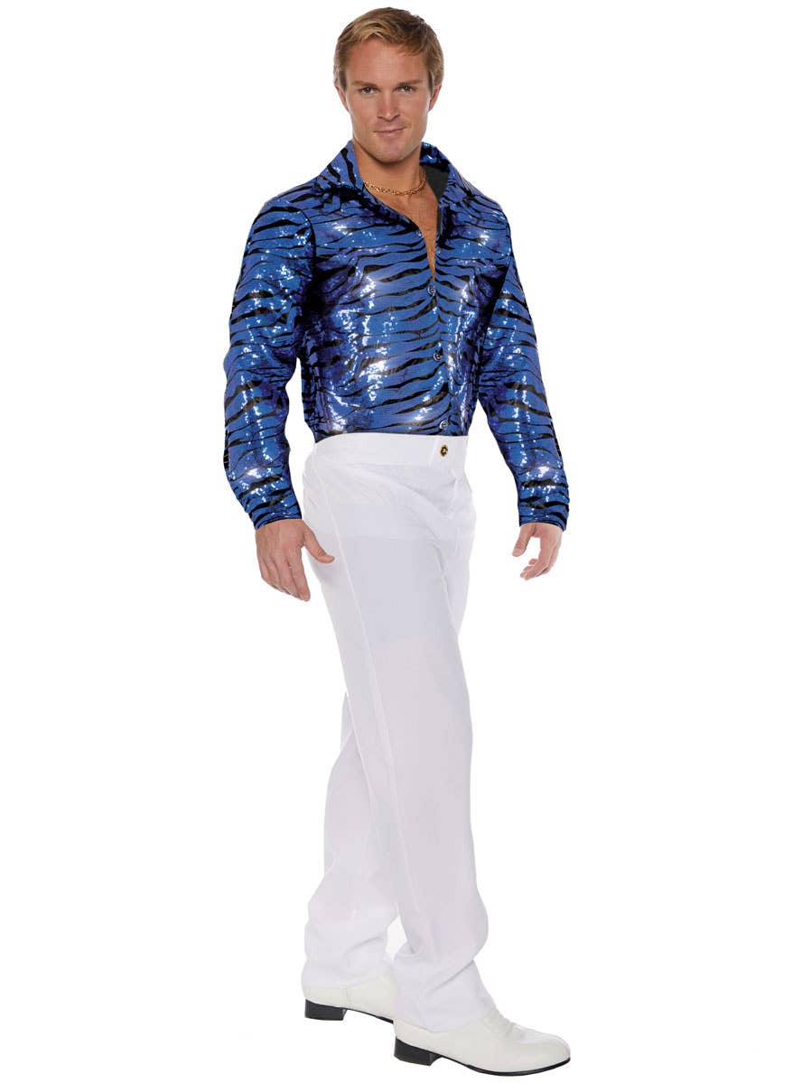 Men's Plus Size Blue Sequinned Tiger King Shirt - Main Image
