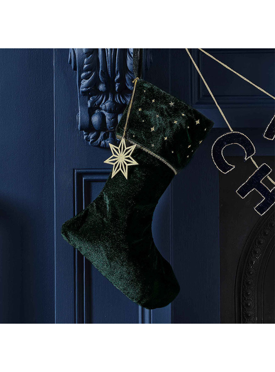 Velvet Luxe Green Embroidered Christmas Stocking 42cm – Lifestyle Image