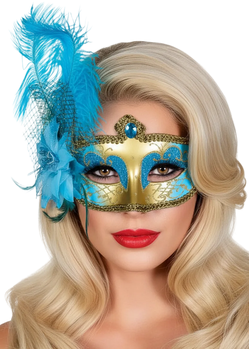 Aqua and Gold Victorian Masquerade Mask with Side Feathers - Main Image