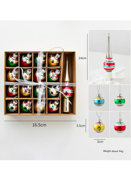 Vintage Holiday 17 Piece Striped Glass Tree Ornament Set with Mini Tree Topper - Main Image