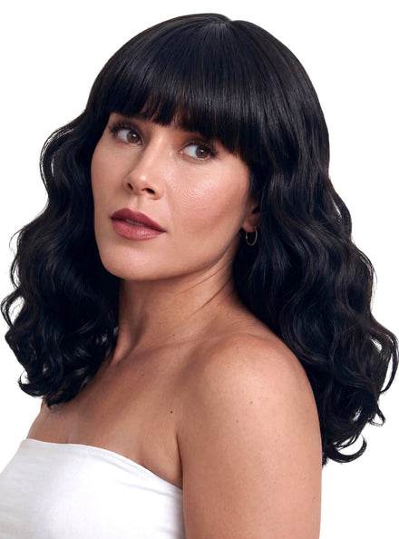 Bella Womens Mid Length Curly Black Wig with Fringe