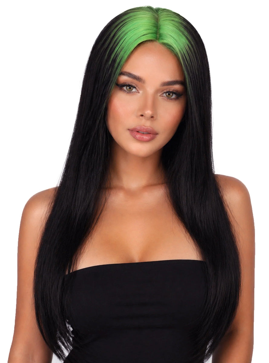 Billie Long Black Wig with Green Roots