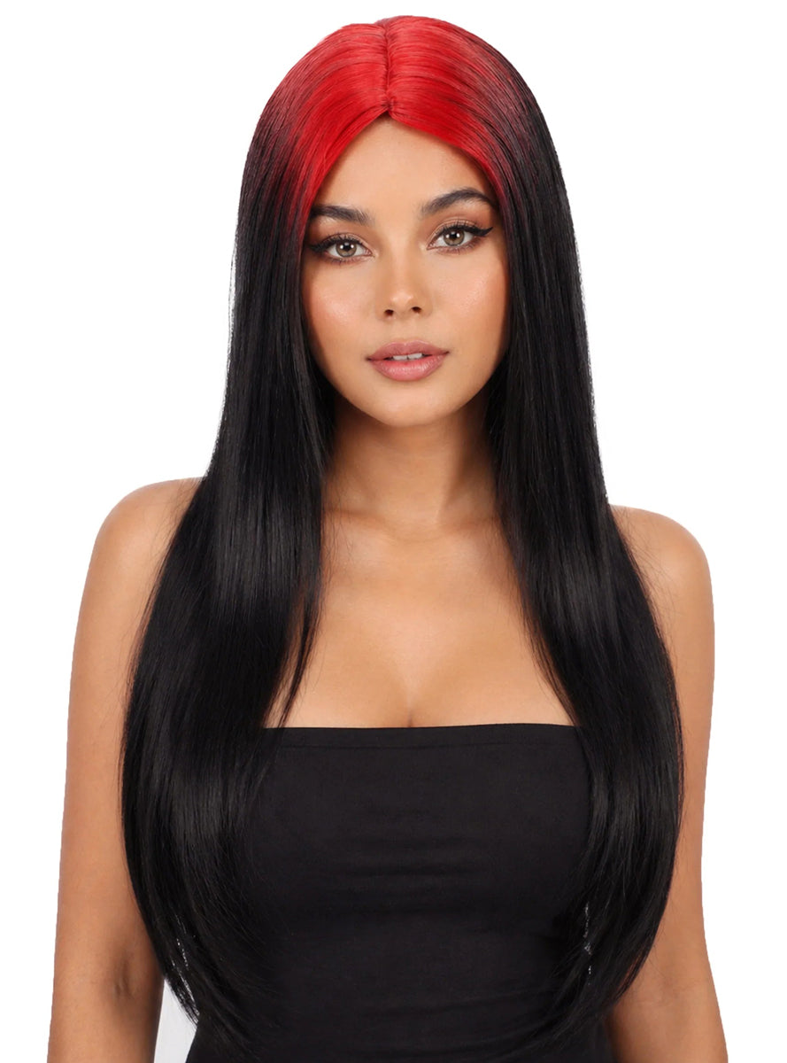 Billie Long Black Wig with Red Roots