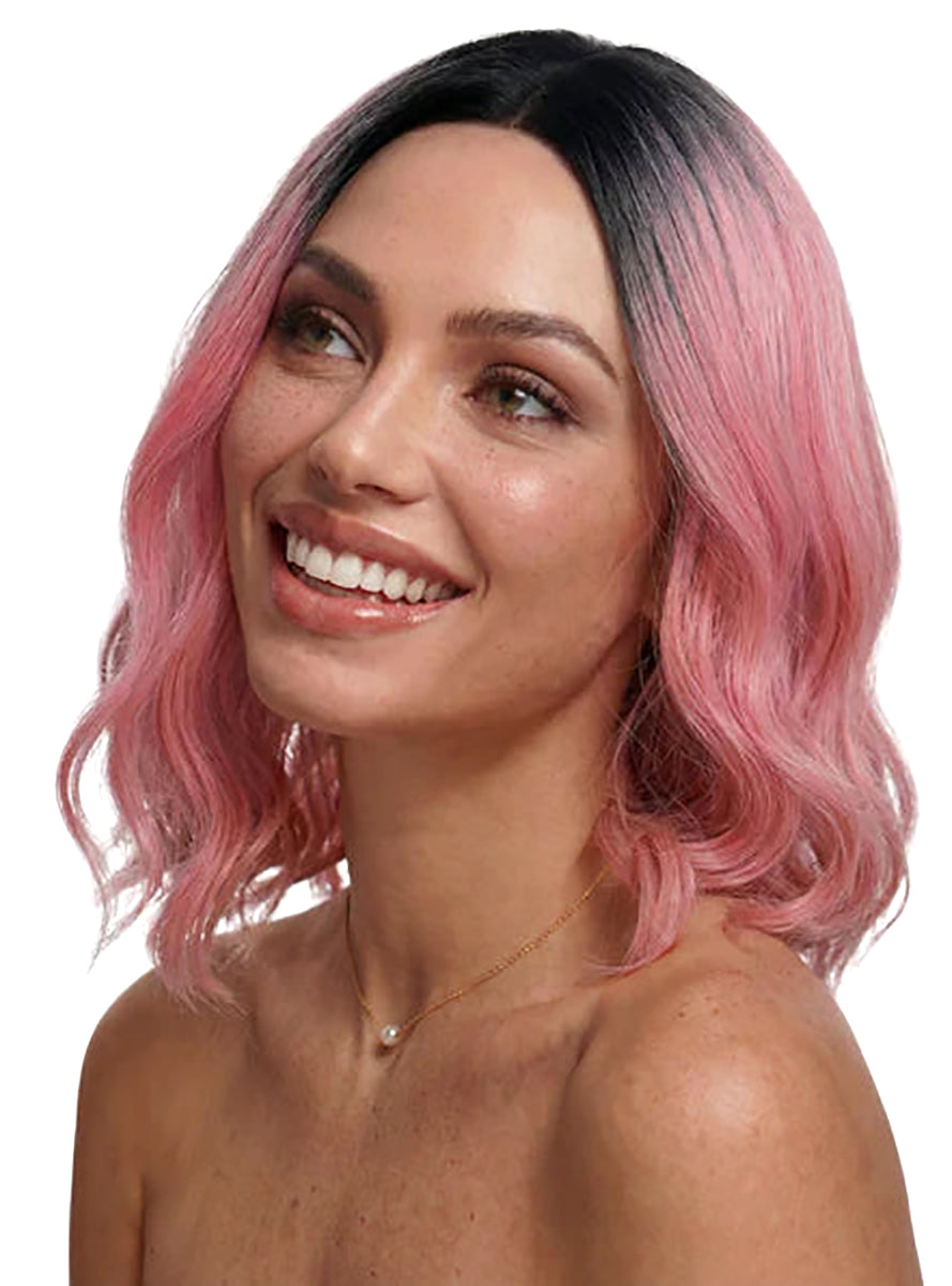 Gigi Womens Wavy Pink Bob Wig with Dark Roots