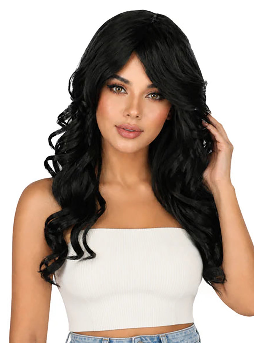 Nancy Long Curly Black Wig with Curtain Bangs