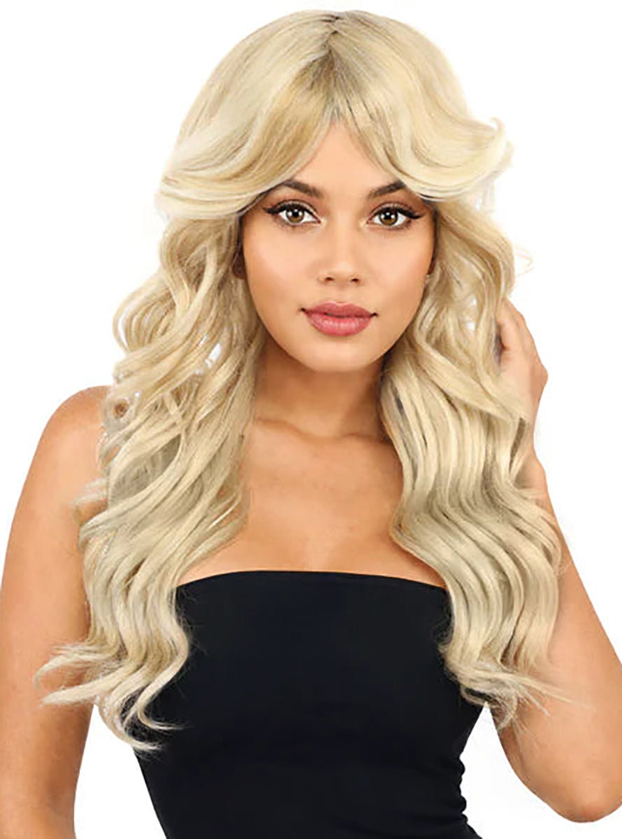 Nancy Long Curly Blonde Wig with Curtain Bangs