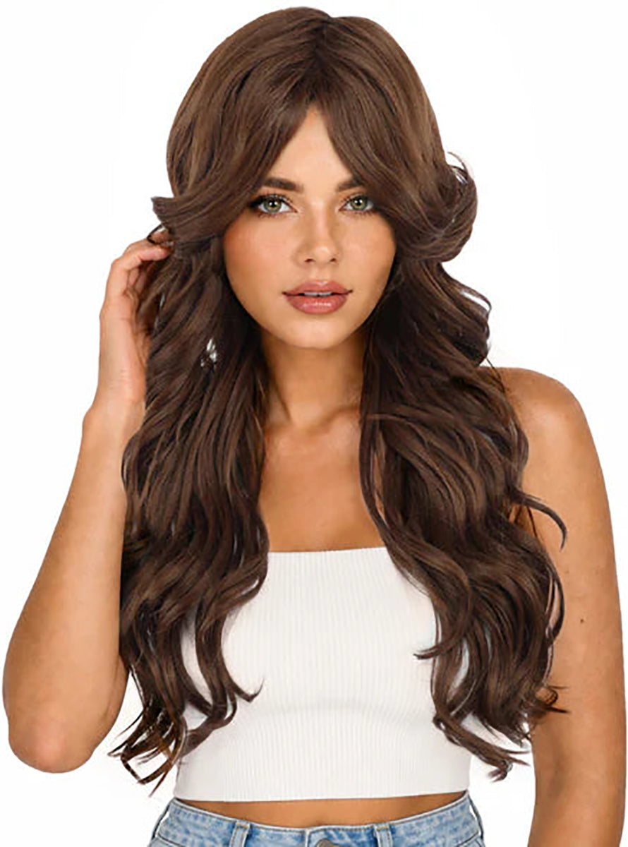 Nancy Long Curly Brown Wig with Curtain Bangs