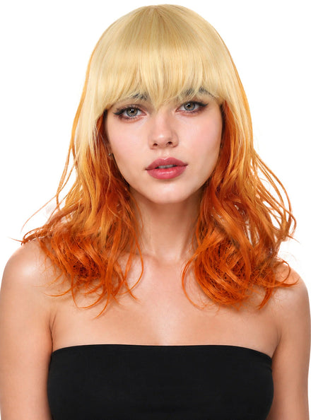 Saffron Orange and Blonde Ombre Wavy Wig with Fringe