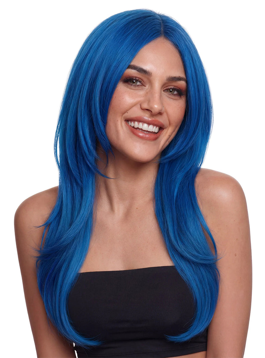 Sofia Neon Blue Layered Wig with Curtain Bangs