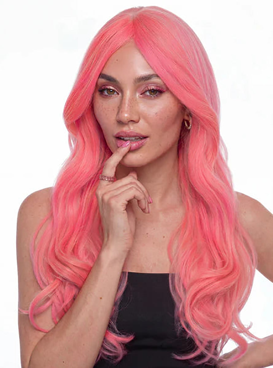 Sofia Long Pink Wavy Wig with Curtain Bangs