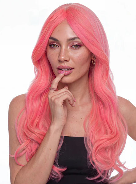 Sofia Long Pink Wavy Wig with Curtain Bangs