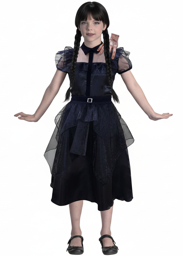 Image of Wednesday Addams Girl's Black Dance Dress Costume - main image