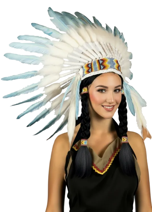 Deluxe Blue and White Feather Native American Chief Headdress - Main Image