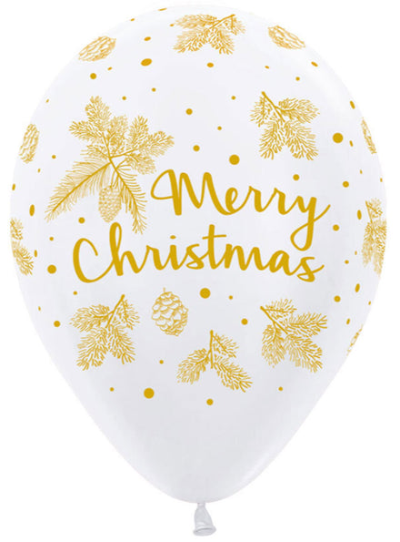 White And Gold Merry Christmas 12 Pack 30Cm Latex Balloons - Main Image