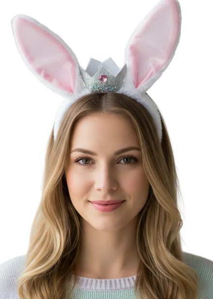 Sparkly Pink Rabbit Costume Ears with Mini Silver Crown - main image