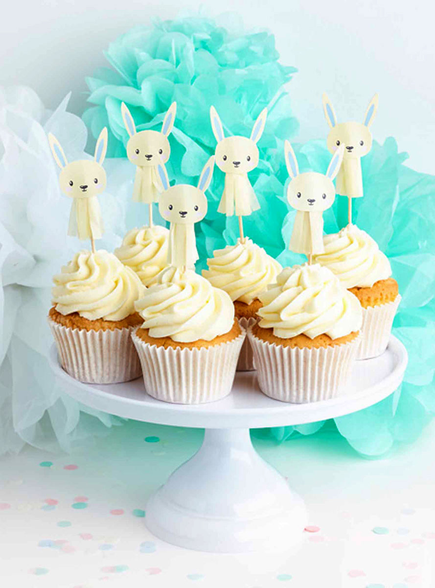 White Bunny 6 Pack 6cm Tassel Cake Picks - Lifestyle Image