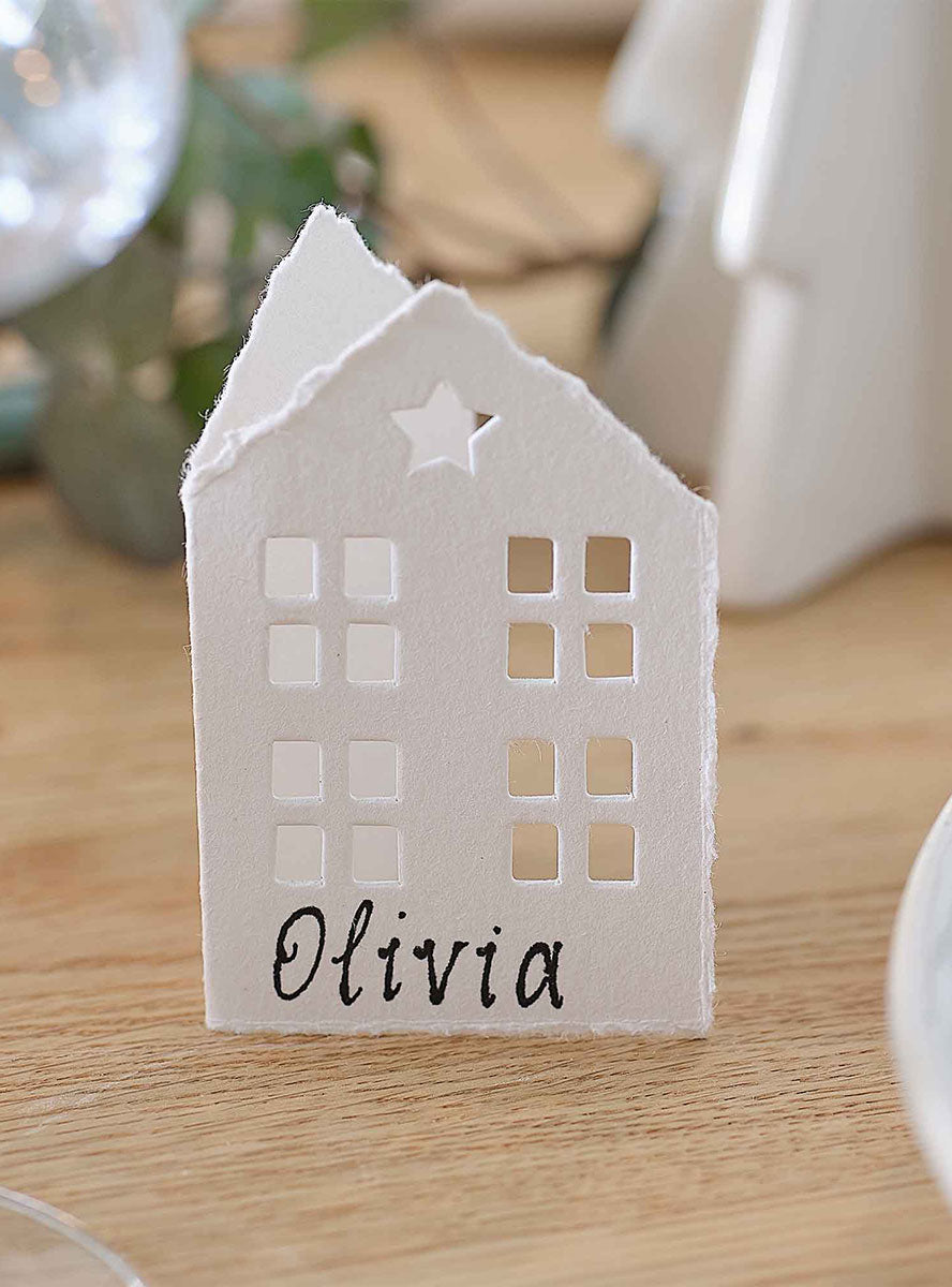 White Christmas Cotton Paper House Place Cards 10 Pack – Lifestyle Image