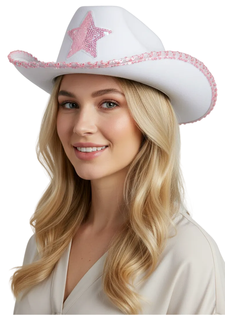 Image of Starry White and Pink Sequin Cowgirl Costume Hat - Main Image