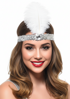Silver Sequin Flapper Headband with White Feather Costume Accessory - Main Image