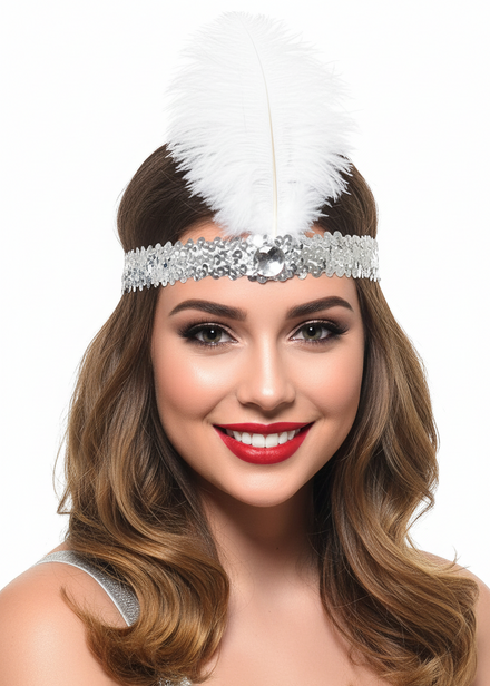 Silver Sequin Flapper Headband with White Feather Costume Accessory - Main Image
