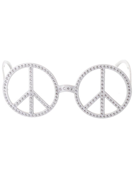 White Peace Sign Hippie Costume Glasses with Faux Rhinestones