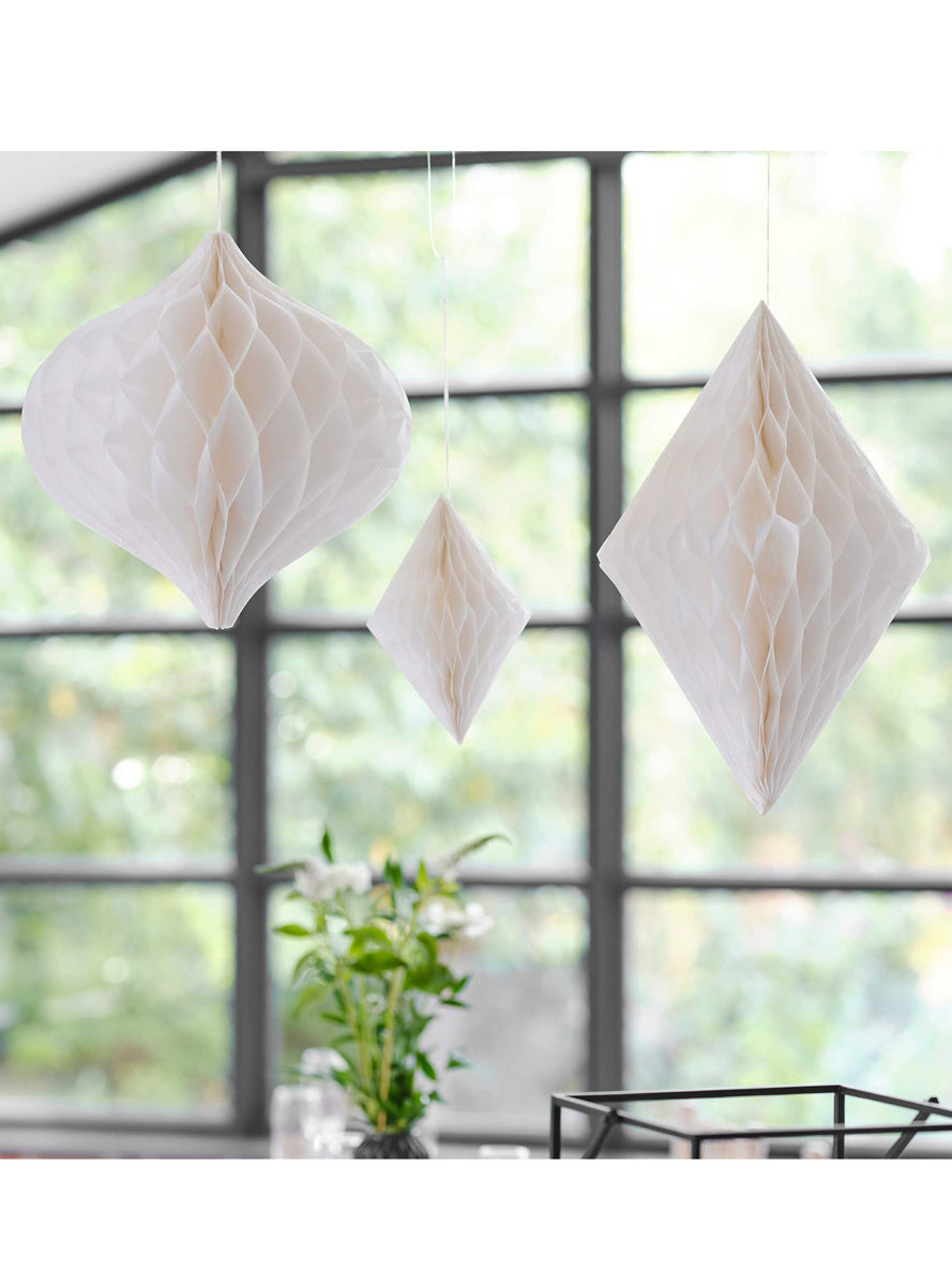 White Honeycomb 3 Pack Assorted Hanging Decorations – Lifestyle Image