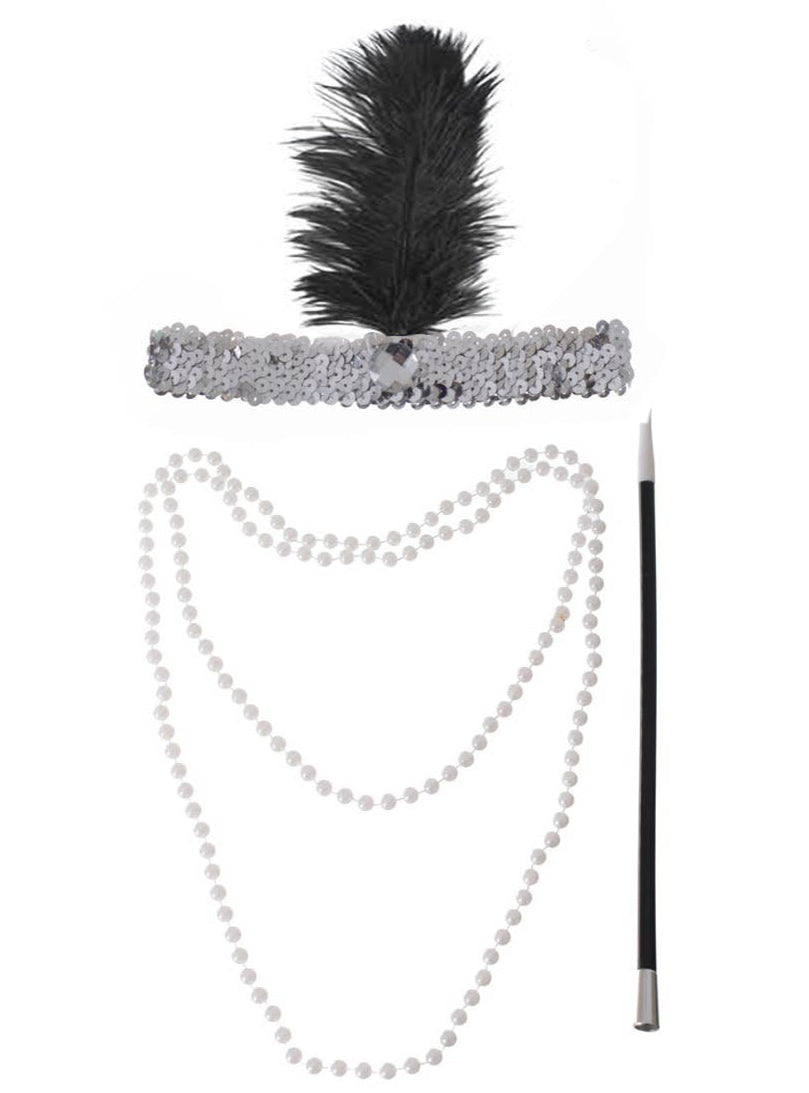 Main Image of Three Piece Black And Silver 1920s Flapper Accessory Kit