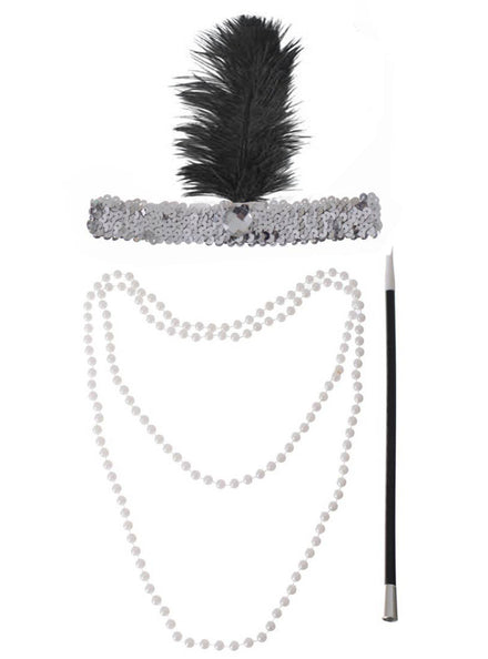 Main Image of Three Piece Black And Silver 1920s Flapper Accessory Kit