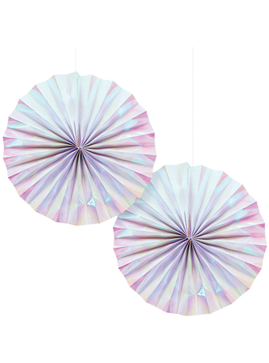 White Iridescent 2 Pack 30cm Foil Paper Fans – Main Image