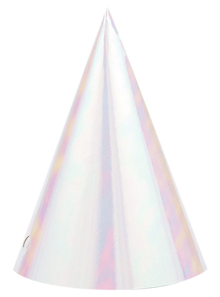 White Iridescent Foil 8 Pack Kids Cone Shaped Party Hats – Main Image